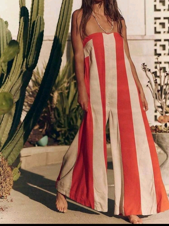 Pants - Two-Tone Color Block Tube Top Jumpsuit With Wide Leg, Elegant Loose Romper
